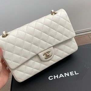 Chanel classic flap white and gold caviar